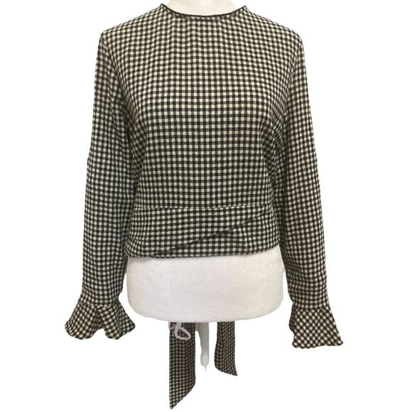 Zara Twill Gingham Blouse Tie Back Flare Cuff Sleeve size M - Picture 1 of 10